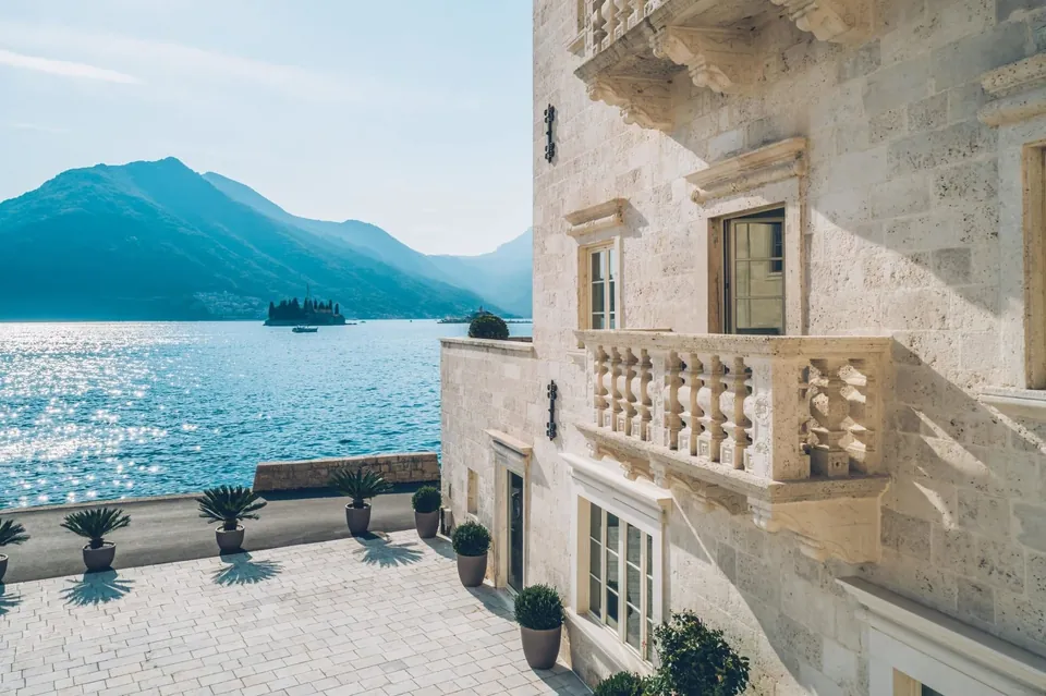 Bay viewed through the hotel's stone balcony balustrade
