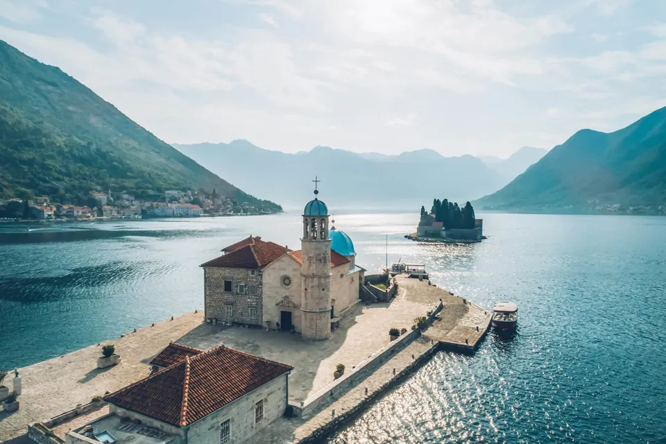 Island in the bay seen from above Perast