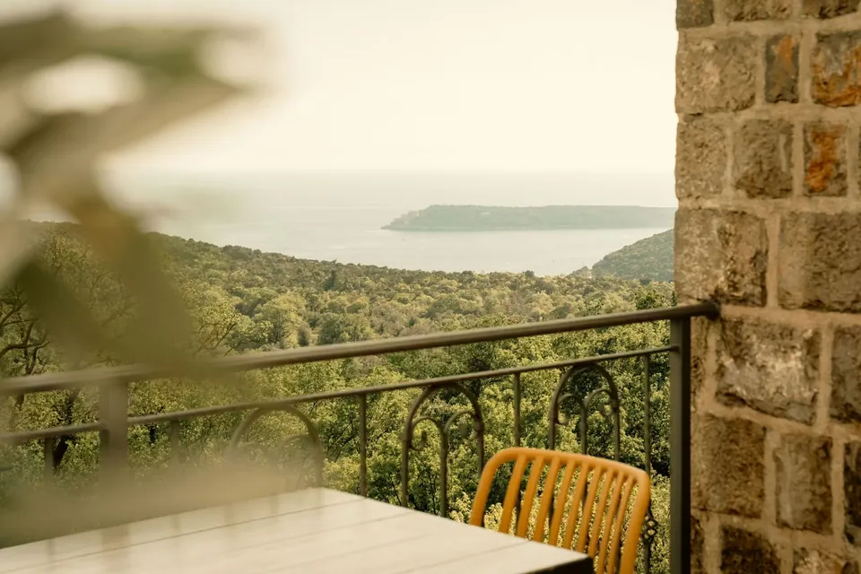 Adriatic sea viewed from stone balcony above olive hillside