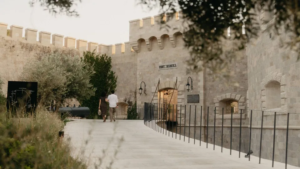 Stone fortress entrance gate beneath an olive tree