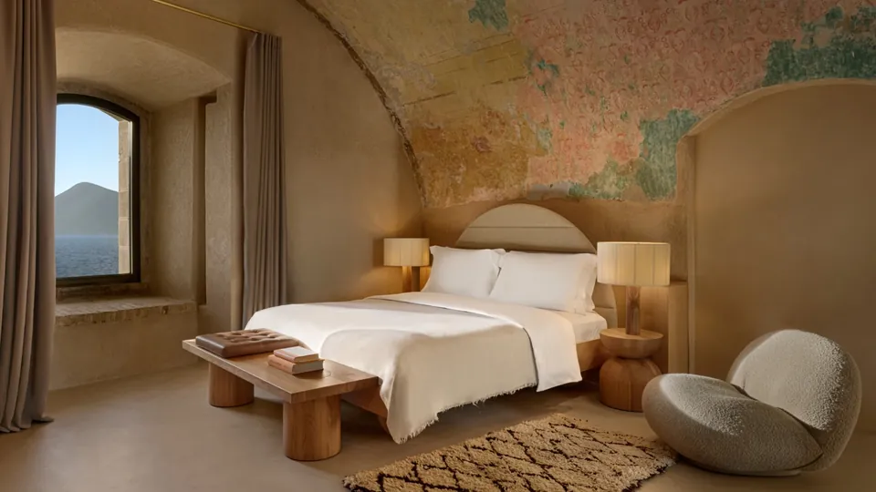 Vaulted suite with painted stone ceiling and sea window