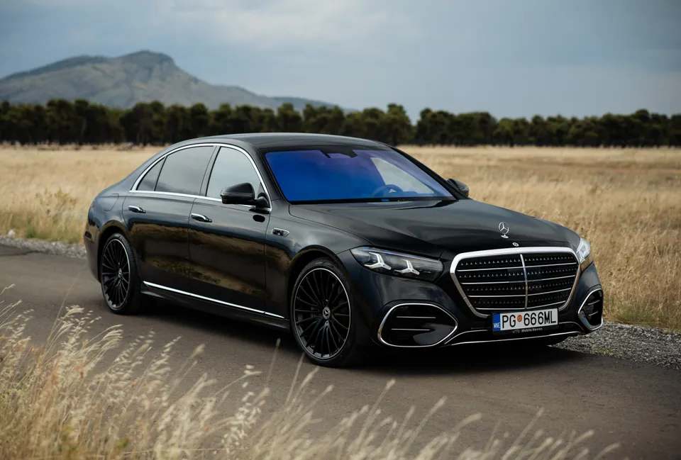 Black Mercedes S Class on a mountain road through dry grass