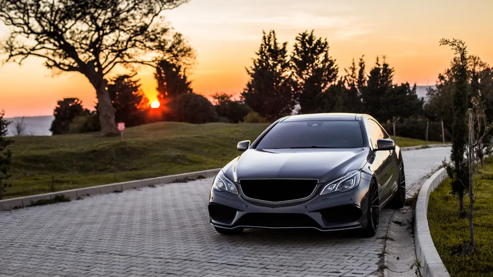 Black sedan on a tree lined paved drive at sunset