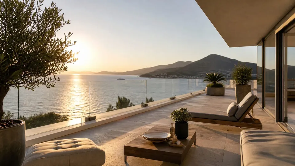 Villa terrace sofa overlooking the sea at sunset