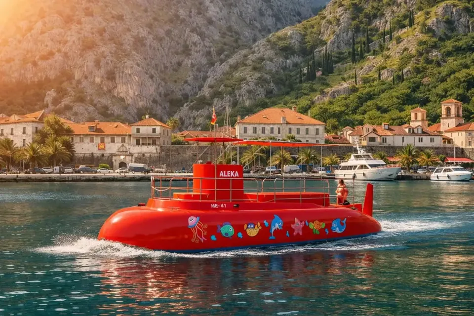 Red semi-submarine boat on water beside Kotor waterfront