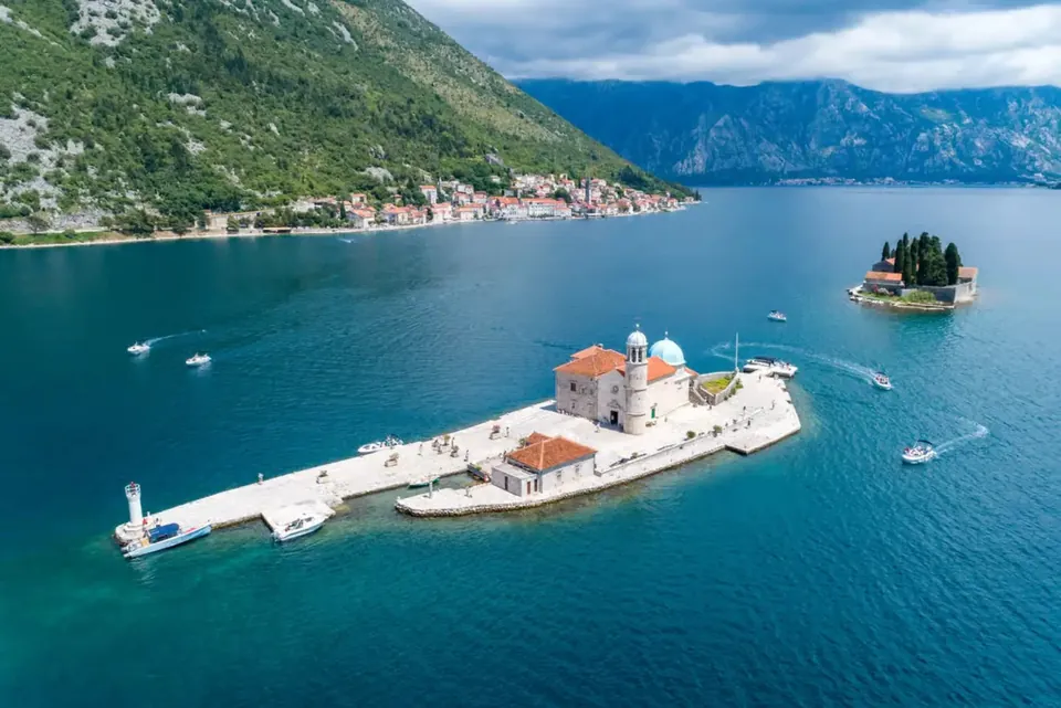 Aerial view of Our Lady of the Rocks and Perast