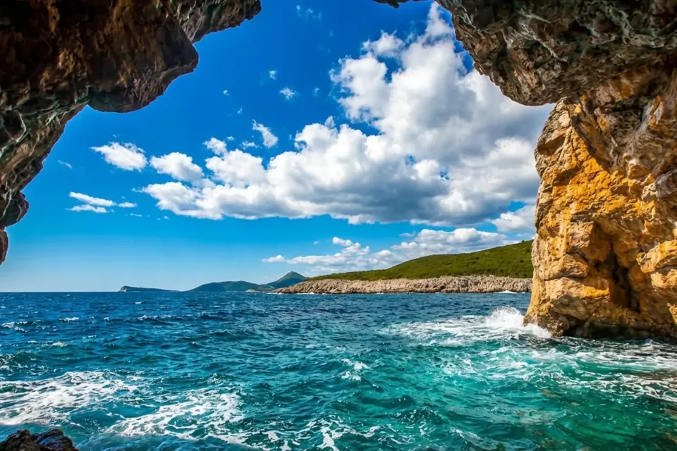 Open sea viewed from inside a sea cave