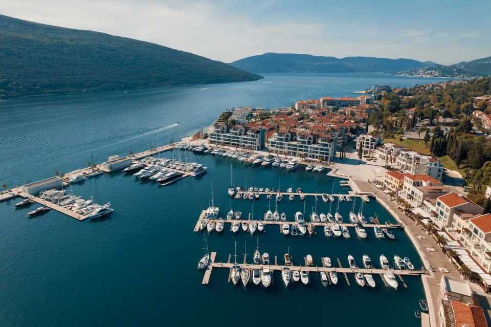 Aerial view of marina village and Boka Bay entrance