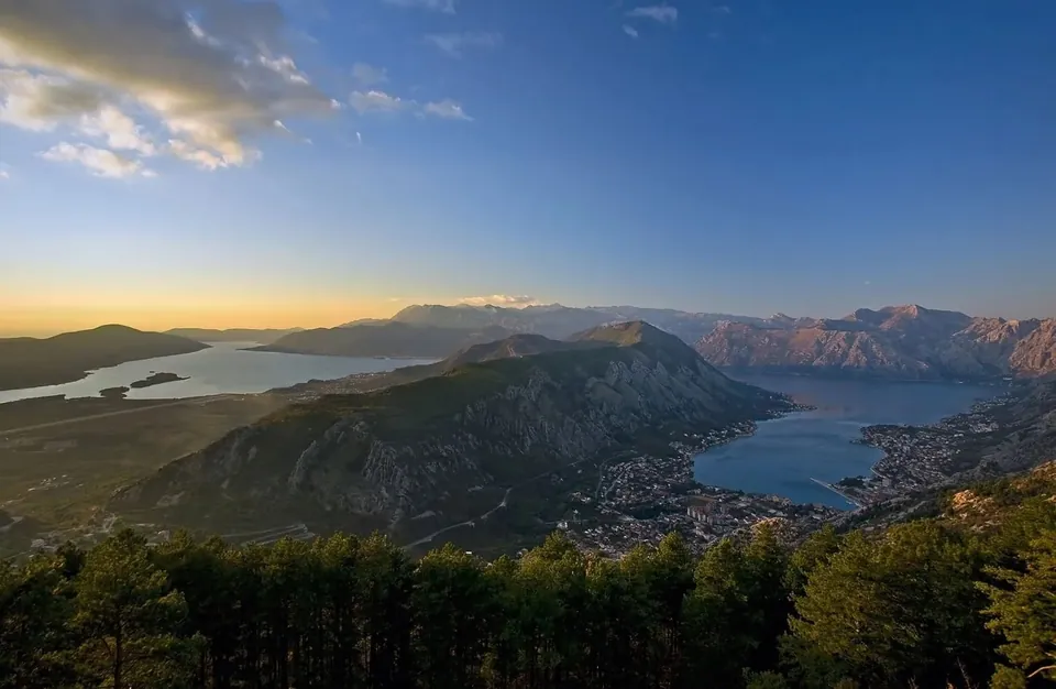 Bay of Kotor seen from a mountain viewpoint at sunset
