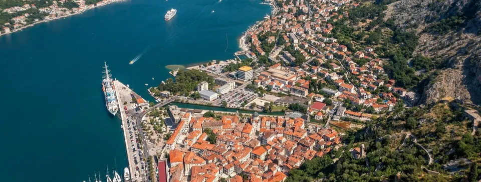 Kotor old town and marina viewed from the mountain above
